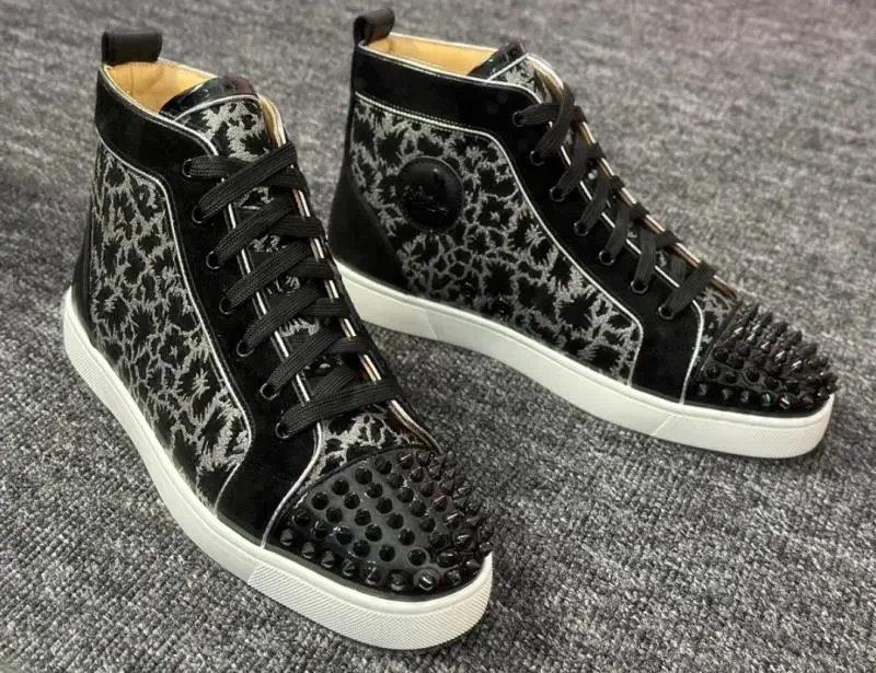 Christian Louboutin Lou Spikes Flat High Top Sneakers White Black