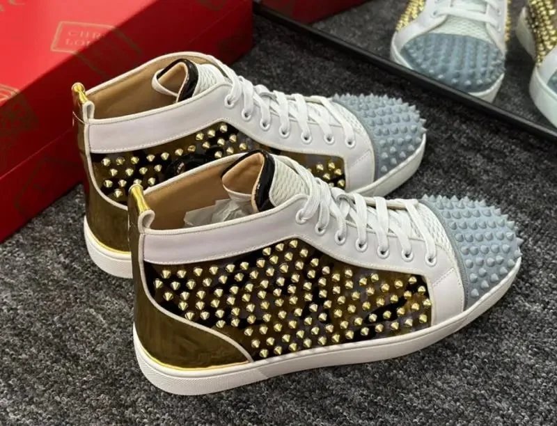 Christian Louboutin Lou Spikes Flat High Top Sneakers White Black
