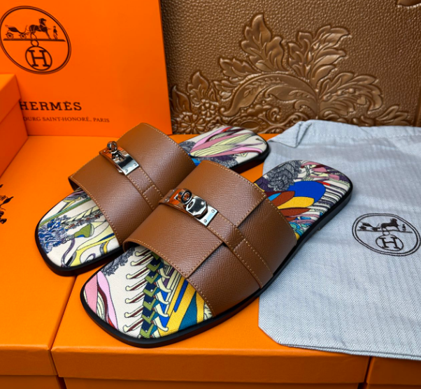 Hermès Gabriel Sandal Gold Leather Printed Silk