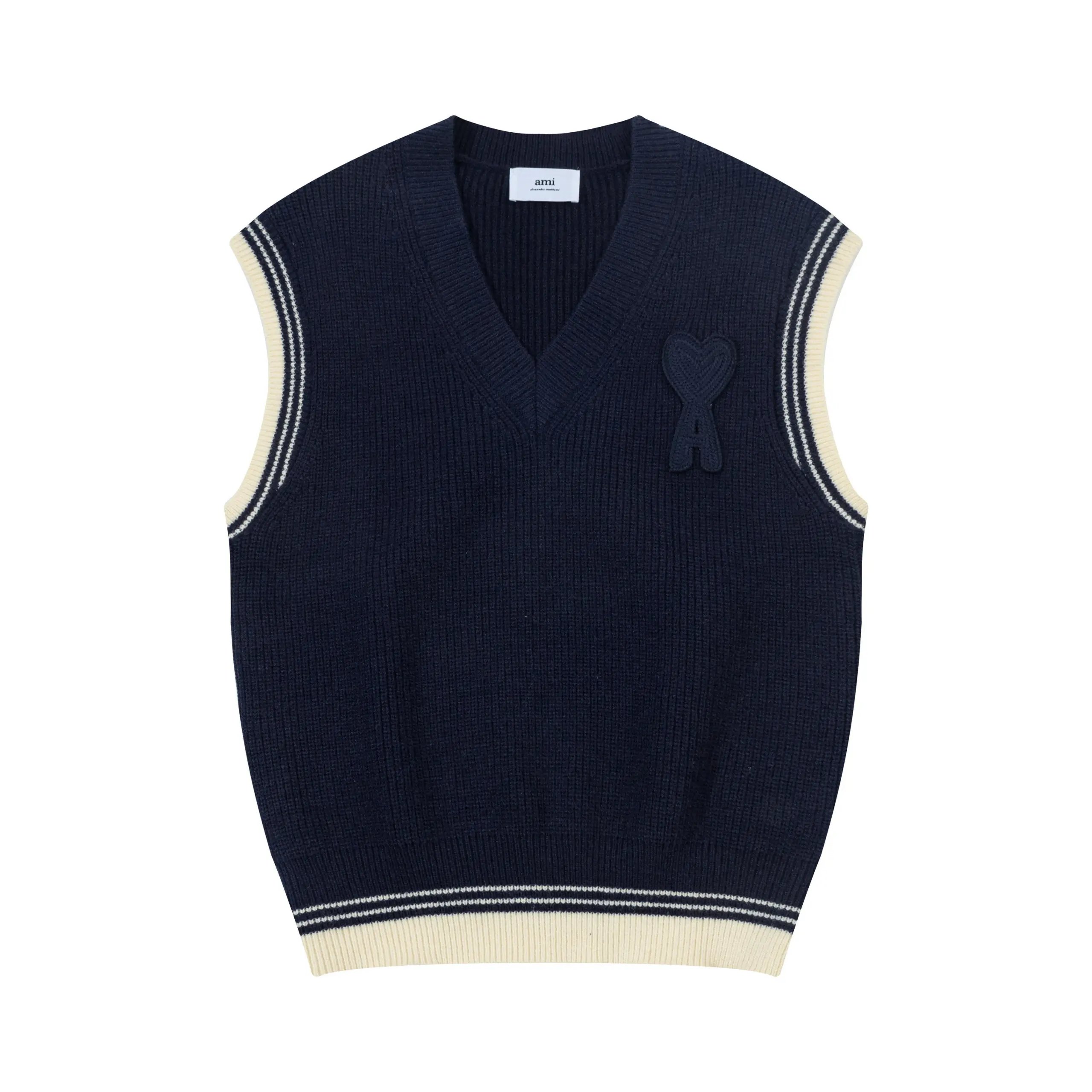 AMI Paris Ribbed Sleeveless Ami de Coeur V-Neck Sweater Navy