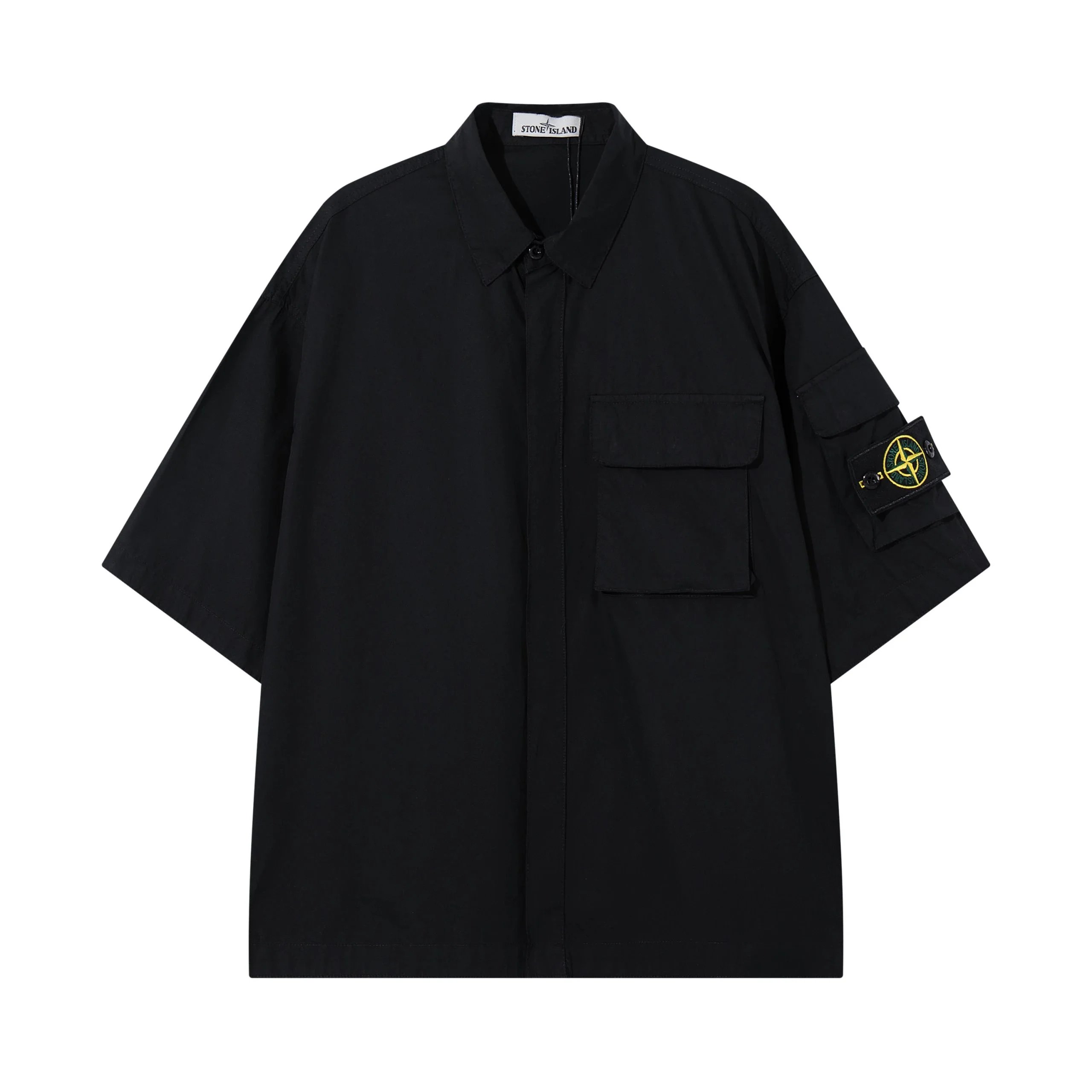 Stone Island Stretch Organic Cotton Twill Short Sleeve Shirt Black
