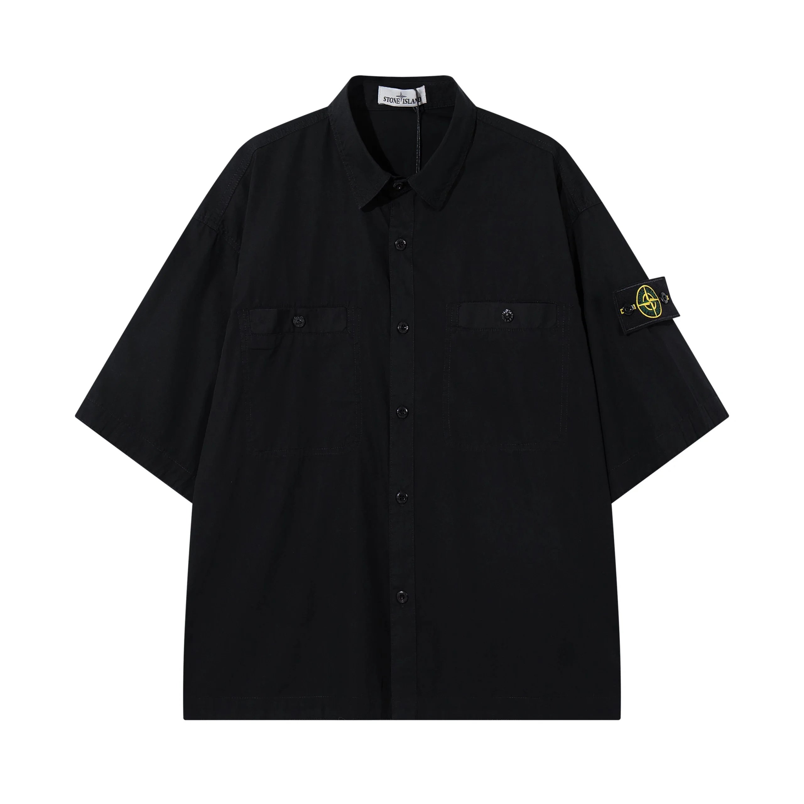 Stone Island Stretch Organic Cotton Twill Short Sleeve Shirt Black